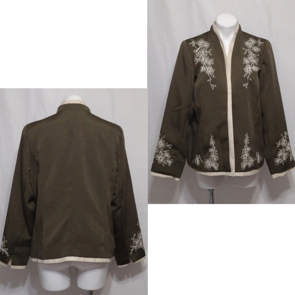 Victor Costa Floral Embroidered Open Front Blazer L Designer Statement Outerwear